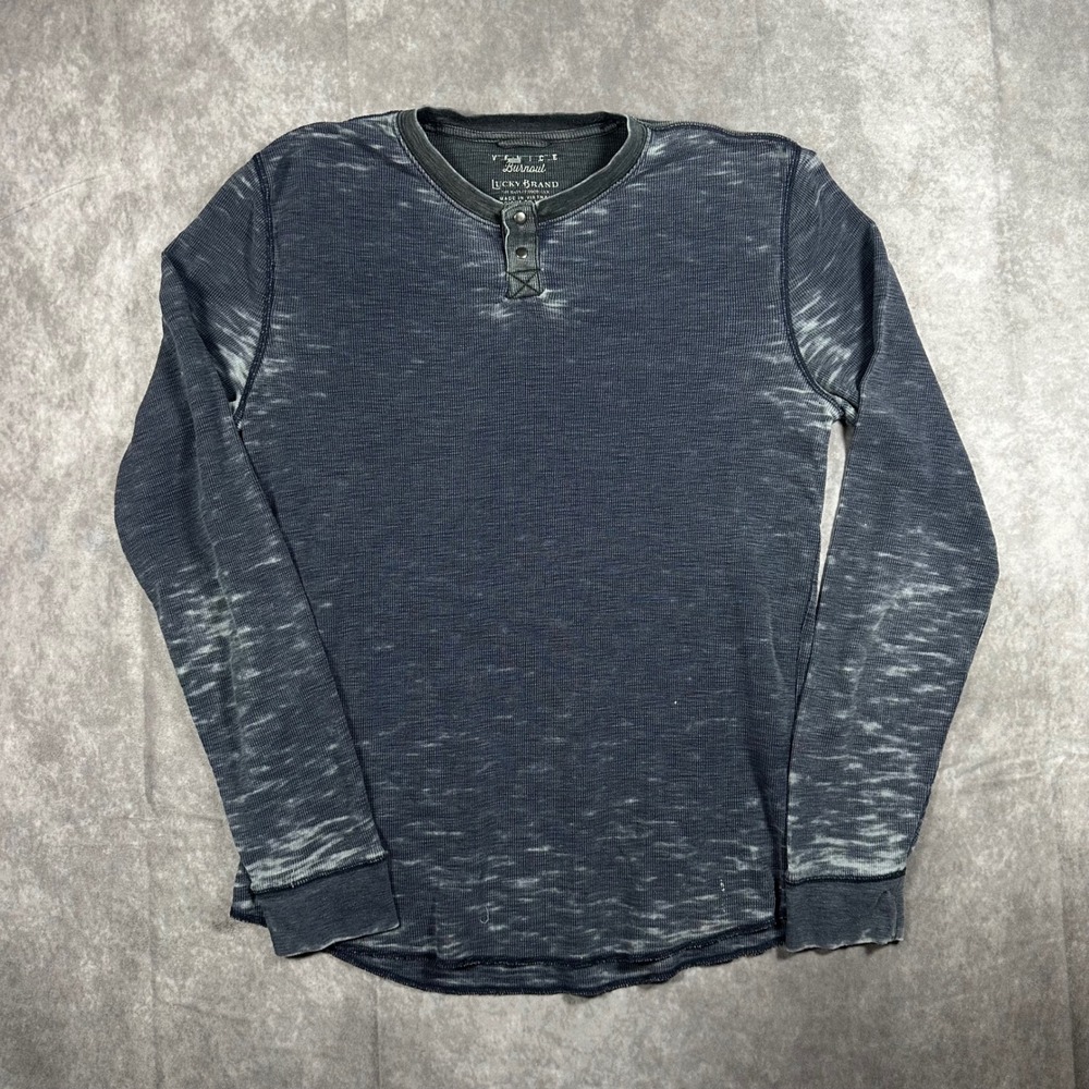Lucky Brand Venice Burnout Henley Top Blue Waffle Knit Long Sleeve Shirt Women M
